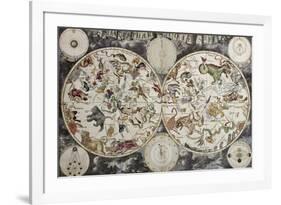 Old Sky Map Depicting Boreal And Austral Hemispheres With Constellations And Zodiac Signs-marzolino-Framed Art Print