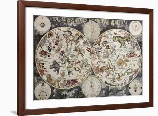 Old Sky Map Depicting Boreal And Austral Hemispheres With Constellations And Zodiac Signs-marzolino-Framed Art Print