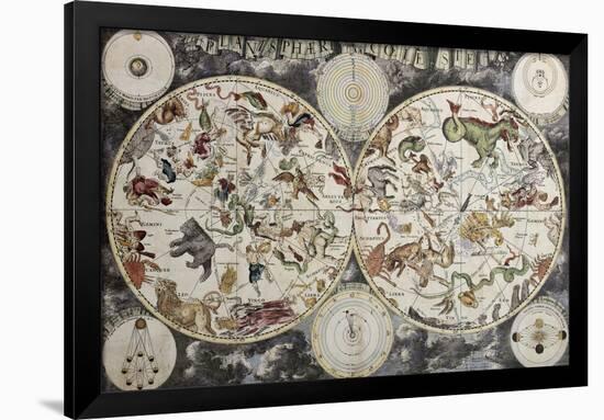 Old Sky Map Depicting Boreal And Austral Hemispheres With Constellations And Zodiac Signs-marzolino-Framed Art Print