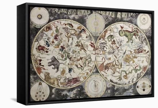 Old Sky Map Depicting Boreal And Austral Hemispheres With Constellations And Zodiac Signs-marzolino-Framed Stretched Canvas