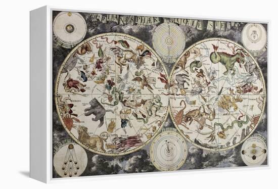 Old Sky Map Depicting Boreal And Austral Hemispheres With Constellations And Zodiac Signs-marzolino-Framed Stretched Canvas