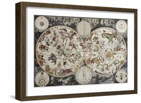 Old Sky Map Depicting Boreal And Austral Hemispheres With Constellations And Zodiac Signs-marzolino-Framed Art Print