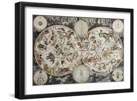 Old Sky Map Depicting Boreal And Austral Hemispheres With Constellations And Zodiac Signs-marzolino-Framed Art Print