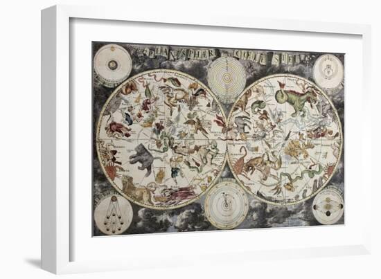 Old Sky Map Depicting Boreal And Austral Hemispheres With Constellations And Zodiac Signs-marzolino-Framed Art Print