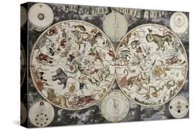 Old Sky Map Depicting Boreal And Austral Hemispheres With Constellations And Zodiac Signs-marzolino-Stretched Canvas