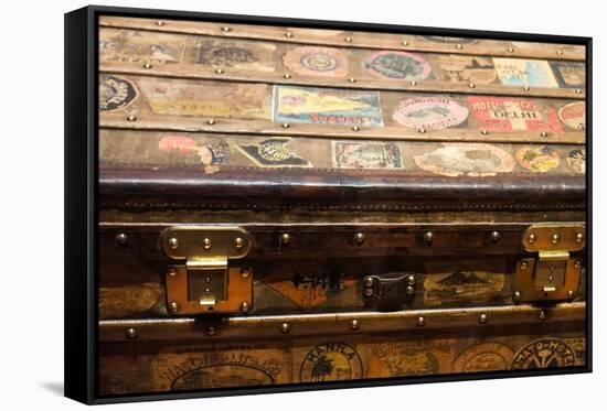Old steamer trunk covered with stickers of various destinations.-Julien McRoberts-Framed Stretched Canvas