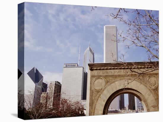 Old Stock Exchange Arch and Downtown Skyscrapers, Chicago, Illinois, USA-Jenny Pate-Stretched Canvas