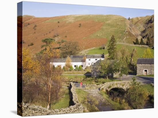 Old Stone Packhorse Bridge Over Watendlath Beck with Dry Stone Wall and Farm Buildings-Pearl Bucknall-Stretched Canvas