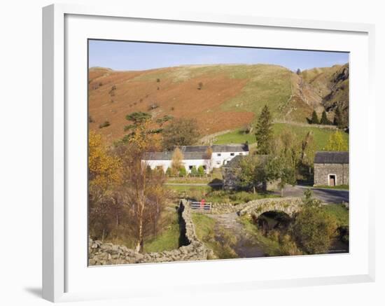 Old Stone Packhorse Bridge Over Watendlath Beck with Dry Stone Wall and Farm Buildings-Pearl Bucknall-Framed Photographic Print