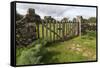 Old Stone Wall and Wooden Fence Keep in Sheep Living at Parco Archeologico Di Iloi, Italy, Oristano-Alida Latham-Framed Stretched Canvas