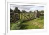 Old Stone Wall and Wooden Fence Keep in Sheep Living at Parco Archeologico Di Iloi, Italy, Oristano-Alida Latham-Framed Photographic Print