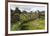 Old Stone Wall and Wooden Fence Keep in Sheep Living at Parco Archeologico Di Iloi, Italy, Oristano-Alida Latham-Framed Photographic Print