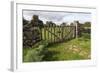 Old Stone Wall and Wooden Fence Keep in Sheep Living at Parco Archeologico Di Iloi, Italy, Oristano-Alida Latham-Framed Photographic Print