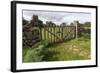 Old Stone Wall and Wooden Fence Keep in Sheep Living at Parco Archeologico Di Iloi, Italy, Oristano-Alida Latham-Framed Photographic Print