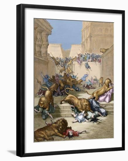 Old Testament. People Devoured by Lions in Samaria-Gustave Dore-Framed Giclee Print