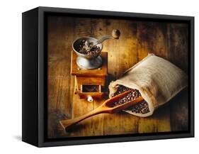 Old Time Coffee Mill With Whole Beans-George Oze-Framed Stretched Canvas