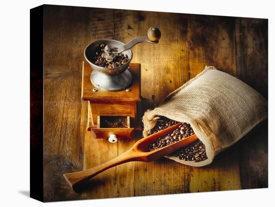 Old Time Coffee Mill With Whole Beans-George Oze-Stretched Canvas