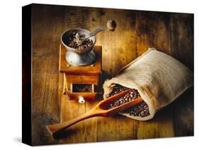 Old Time Coffee Mill With Whole Beans-George Oze-Stretched Canvas