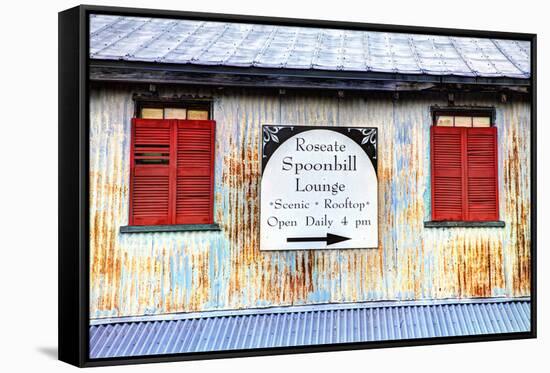 Old Tin Building with Red Shutters, Apalachicola, Florida, USA-Joanne Wells-Framed Stretched Canvas