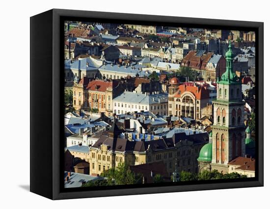 Old Town and the Virgin Marys Assumption Church Bell Tower, from Castle Hill, Lviv, Western Ukraine-Christian Kober-Framed Stretched Canvas