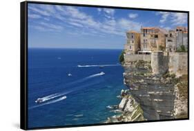 Old Town Buildings Perched on Cliffs-Jon Hicks-Framed Stretched Canvas