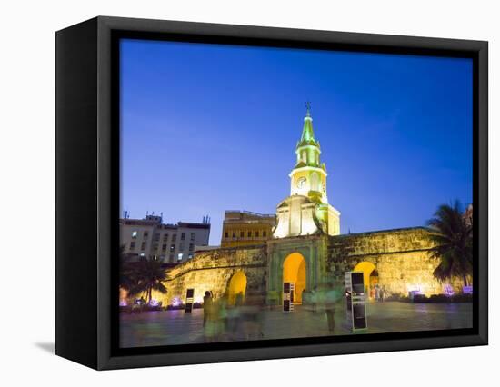 Old Town City Wall and Puerto Del Reloj at Night, UNESCO World Heritage Site, Cartagena, Colombia-Christian Kober-Framed Stretched Canvas