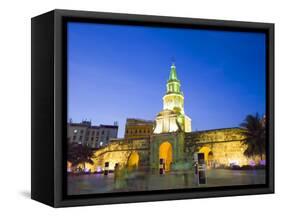 Old Town City Wall and Puerto Del Reloj at Night, UNESCO World Heritage Site, Cartagena, Colombia-Christian Kober-Framed Stretched Canvas
