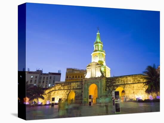 Old Town City Wall and Puerto Del Reloj at Night, UNESCO World Heritage Site, Cartagena, Colombia-Christian Kober-Stretched Canvas