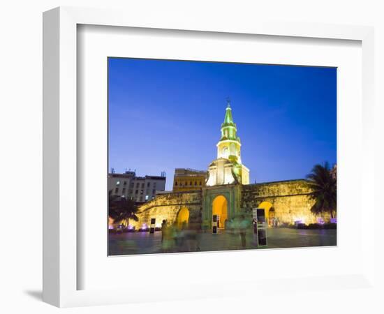 Old Town City Wall and Puerto Del Reloj at Night, UNESCO World Heritage Site, Cartagena, Colombia-Christian Kober-Framed Photographic Print