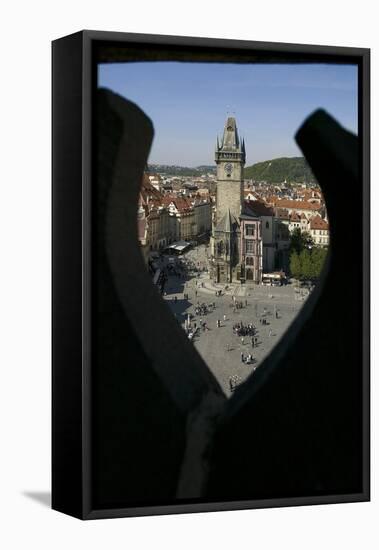 Old-Town Cityhall Tower Seen Through a Quatrefoil in the Stone Gothic Parapet of Týn Church's West-null-Framed Stretched Canvas