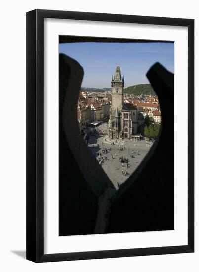 Old-Town Cityhall Tower Seen Through a Quatrefoil in the Stone Gothic Parapet of Týn Church's West-null-Framed Photographic Print