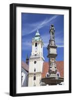 Old Town Hall and Roland's Fountain in Hlavne Nam (Main Square), Bratislava, Slovakia, Europe-Ian Trower-Framed Premium Photographic Print