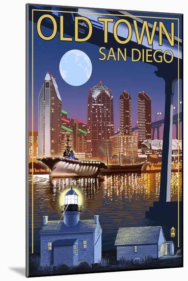 Old Town - San Diego, California - Skyline at Night-Lantern Press-Mounted Art Print