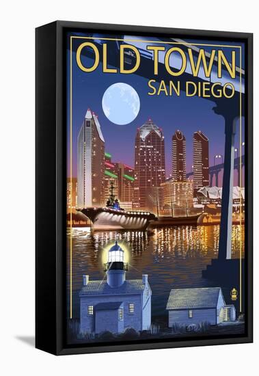 Old Town - San Diego, California - Skyline at Night-Lantern Press-Framed Stretched Canvas
