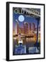 Old Town - San Diego, California - Skyline at Night-Lantern Press-Framed Art Print