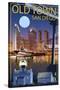 Old Town - San Diego, California - Skyline at Night-Lantern Press-Stretched Canvas