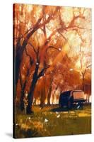 Old Traveling Van in Beautiful Autumn Forest,Digital Painting-Tithi Luadthong-Stretched Canvas