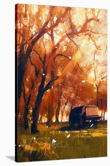 Old Traveling Van in Beautiful Autumn Forest,Digital Painting-Tithi Luadthong-Stretched Canvas