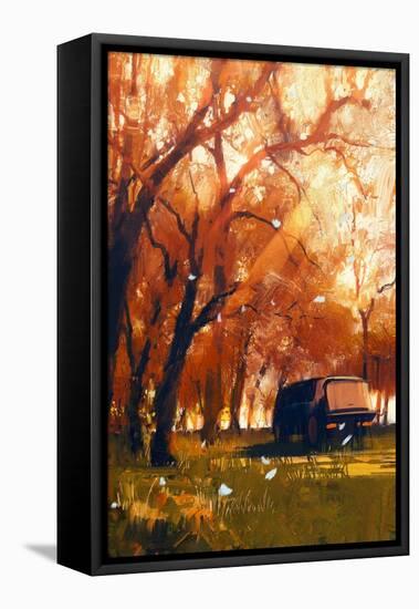 Old Traveling Van in Beautiful Autumn Forest,Digital Painting-Tithi Luadthong-Framed Stretched Canvas