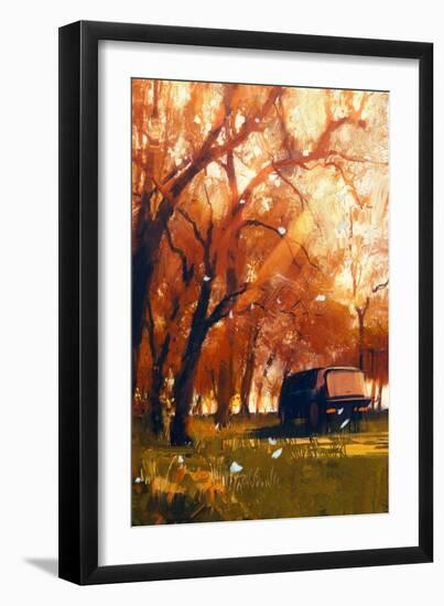 Old Traveling Van in Beautiful Autumn Forest,Digital Painting-Tithi Luadthong-Framed Art Print