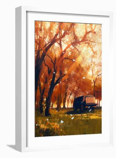 Old Traveling Van in Beautiful Autumn Forest,Digital Painting-Tithi Luadthong-Framed Art Print