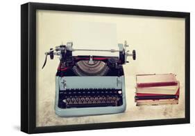 Old Typewriter With Books Retro Colors On The Desk-Artush-Framed Poster