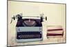 Old Typewriter With Books Retro Colors On The Desk-Artush-Mounted Poster