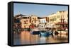 Old Venetian Harbour, Taverns on Seaside, Rethymno (Rethymnon)-Markus Lange-Framed Stretched Canvas