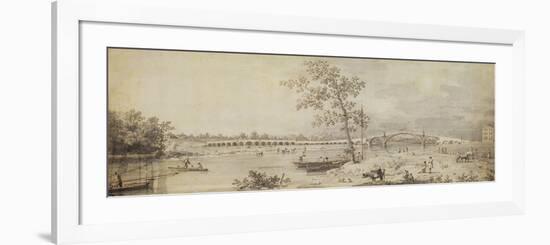 Old Walton Bridge Seen from the Middlesex Shore, 1755 (Pen and Ink with Wash on Paper)-Canaletto-Framed Premium Giclee Print