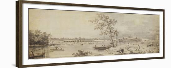 Old Walton Bridge Seen from the Middlesex Shore, 1755 (Pen and Ink with Wash on Paper)-Canaletto-Framed Premium Giclee Print