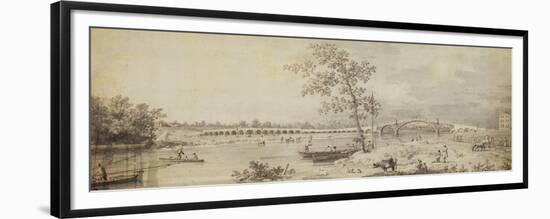 Old Walton Bridge Seen from the Middlesex Shore, 1755 (Pen and Ink with Wash on Paper)-Canaletto-Framed Premium Giclee Print