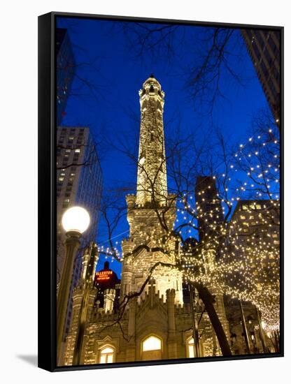 Old Water Tower with holiday lights, Chicago, Illinois, USA-Alan Klehr-Framed Stretched Canvas