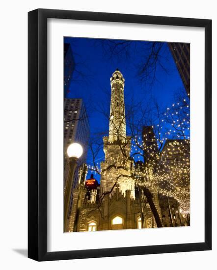 Old Water Tower with holiday lights, Chicago, Illinois, USA-Alan Klehr-Framed Photographic Print