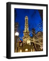 Old Water Tower with holiday lights, Chicago, Illinois, USA-Alan Klehr-Framed Photographic Print